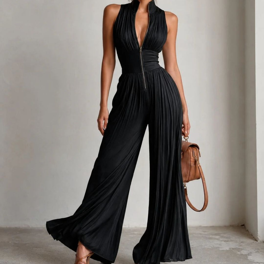 ELEGANT BLACK PLEATED CHIFFON JUMPSUIT