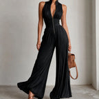 ELEGANT BLACK PLEATED CHIFFON JUMPSUIT