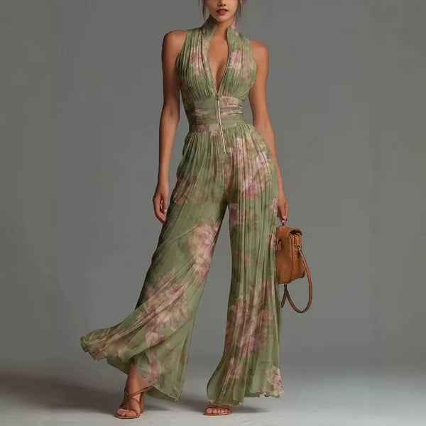 PLEATED FLORAL CHIFFON JUMPSUIT