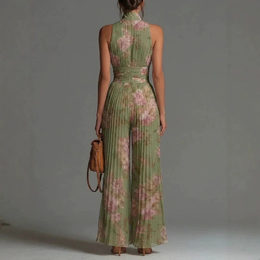 PLEATED FLORAL CHIFFON JUMPSUIT