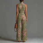 PLEATED FLORAL CHIFFON JUMPSUIT