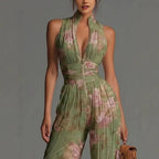 PLEATED FLORAL CHIFFON JUMPSUIT