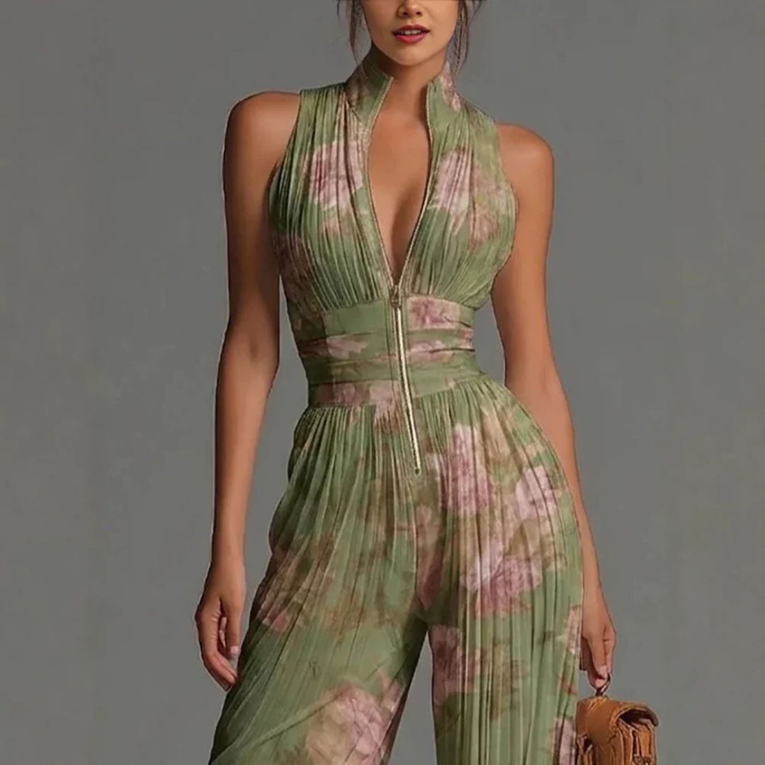 PLEATED FLORAL CHIFFON JUMPSUIT