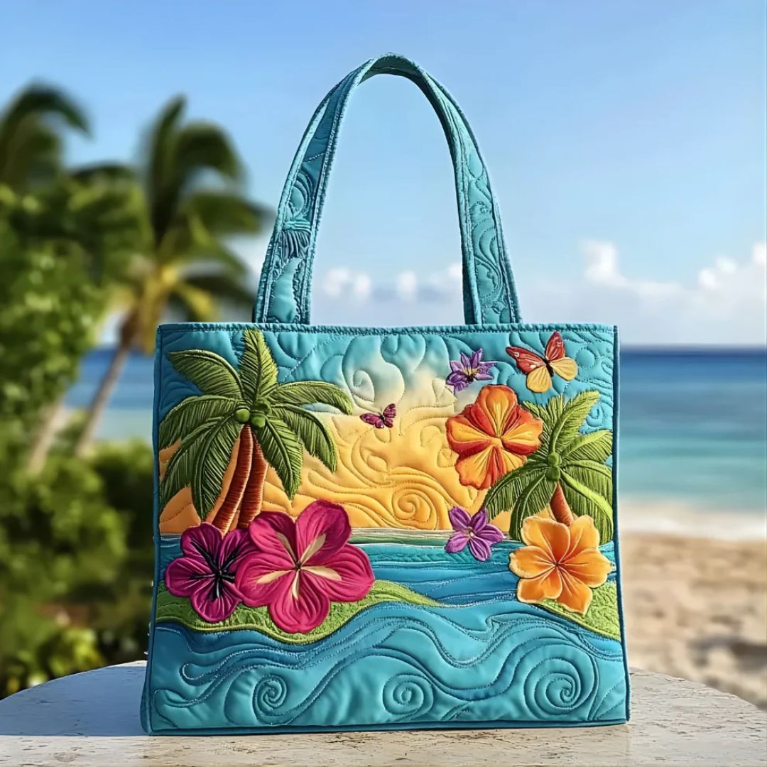 TROPICAL SUNSET PARADISE QUILTED TOTE BAG