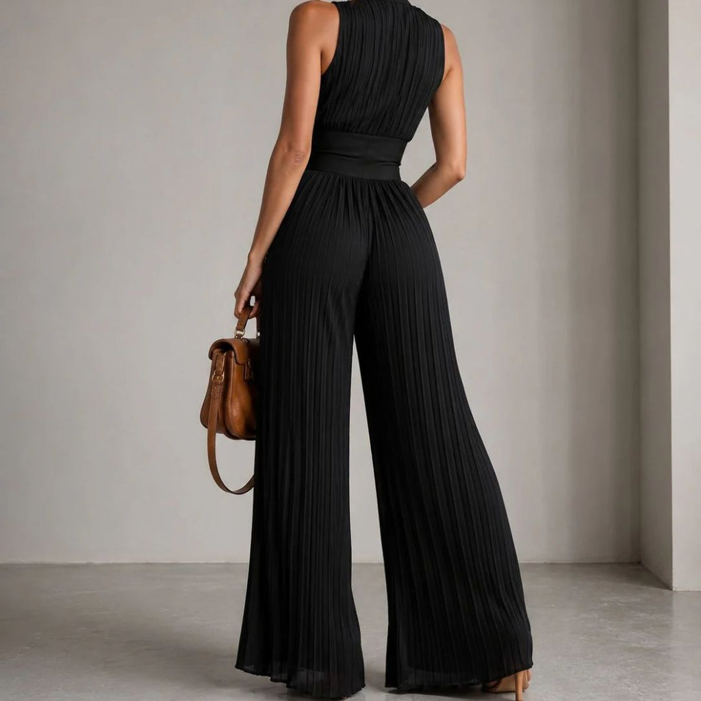 ELEGANT BLACK PLEATED CHIFFON JUMPSUIT