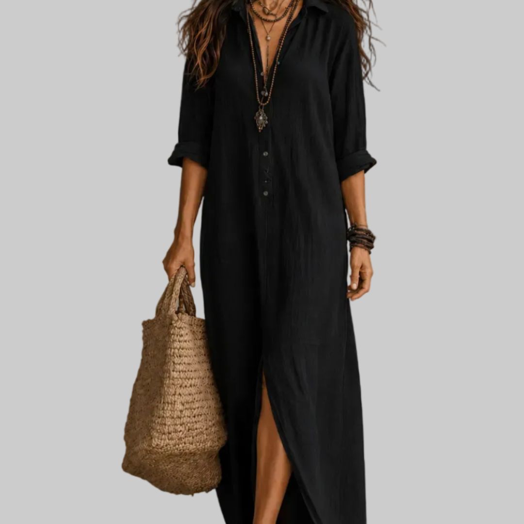Celeste Elegant Split-Front Maxi Shirt Dress