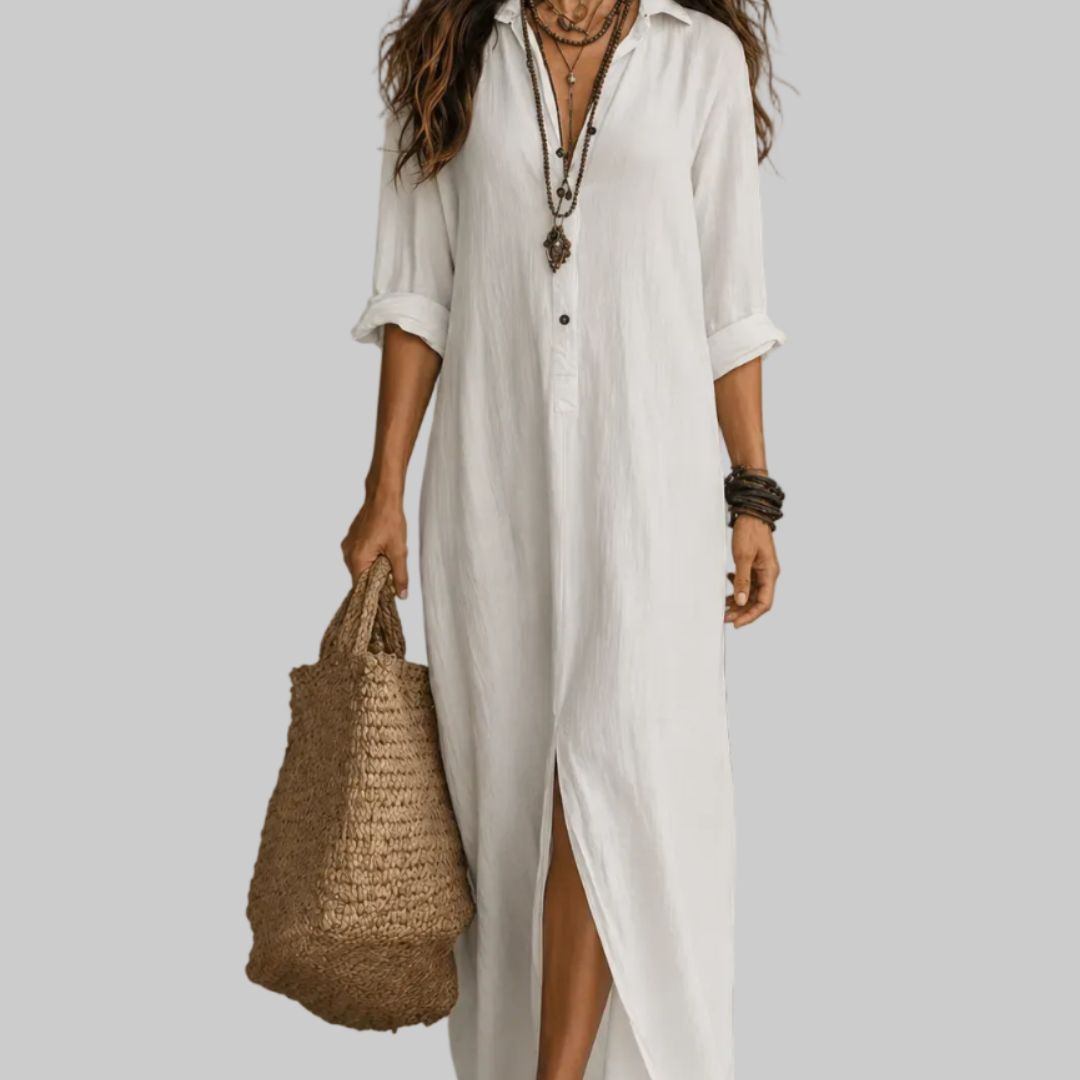 Celeste Elegant Split-Front Maxi Shirt Dress